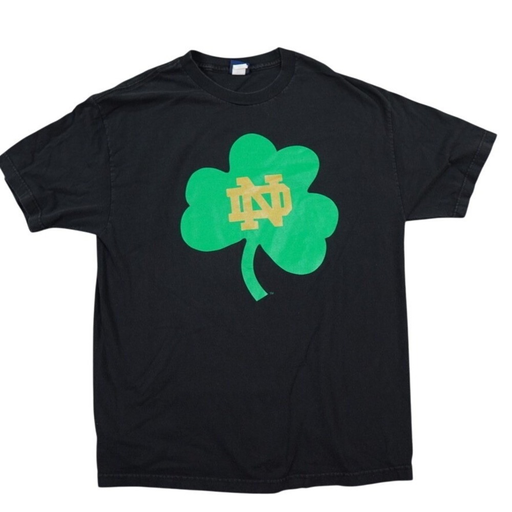 VTG Notre Dame Champs T Shirt Mens L‎ Black Shamrock Logo Single Stitch Y2K